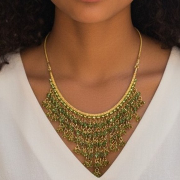Source Unknown Jewelry - Green Beaded Bib Necklace Gold Tone Statement Necklace Boho Fringe Tassel